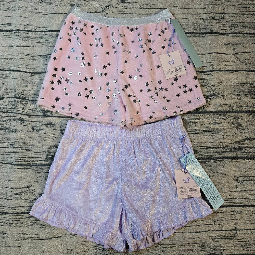 NWT More Than Magic Girls 2 Pair Soft Fuzzy Pajama Shorts Pink and Purple Size L
